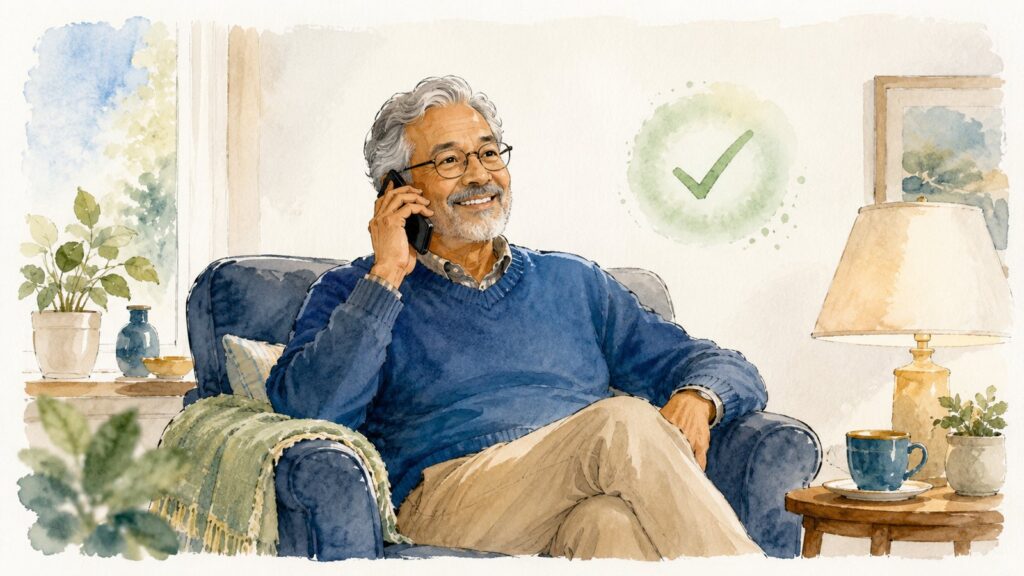 A relaxed older man smiling on the phone at home with a soft green checkmark nearby