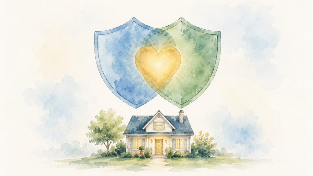Two shields blending into a heart above a cozy home, showing Medicare and Medicaid working together