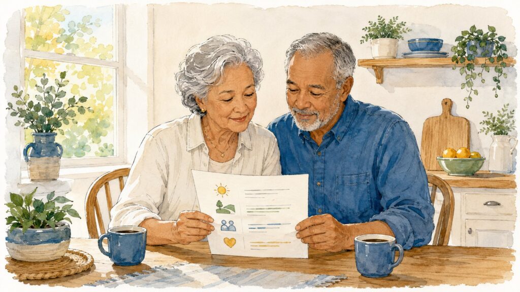 An older couple at a sunny kitchen table reviewing a simple plan together