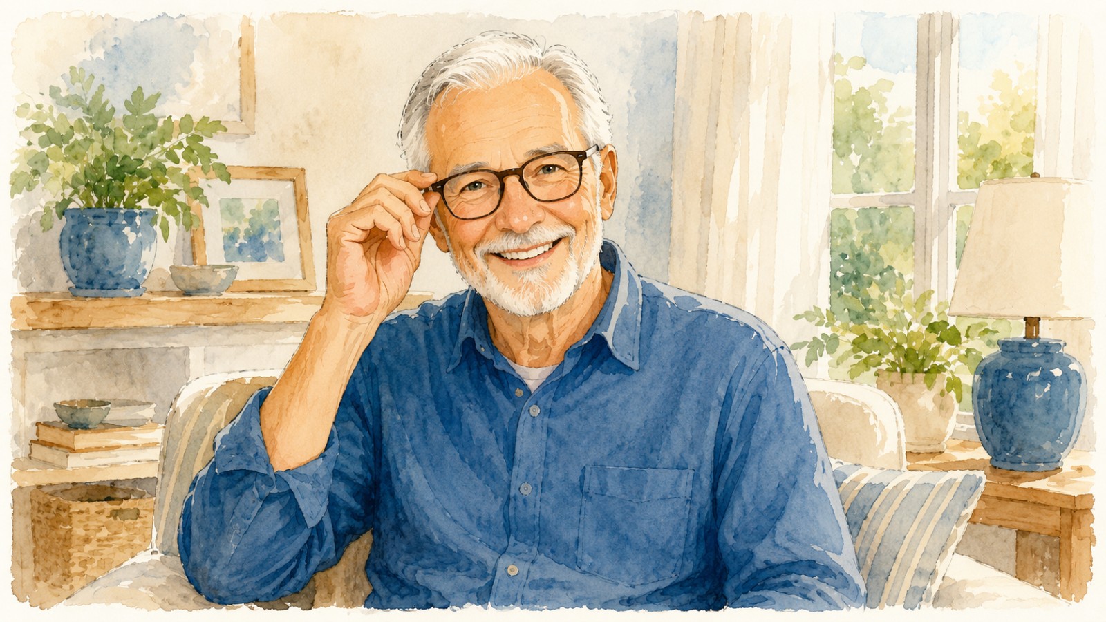 A cheerful older man at home smiling while wearing brand new eyeglasses in bright warm light