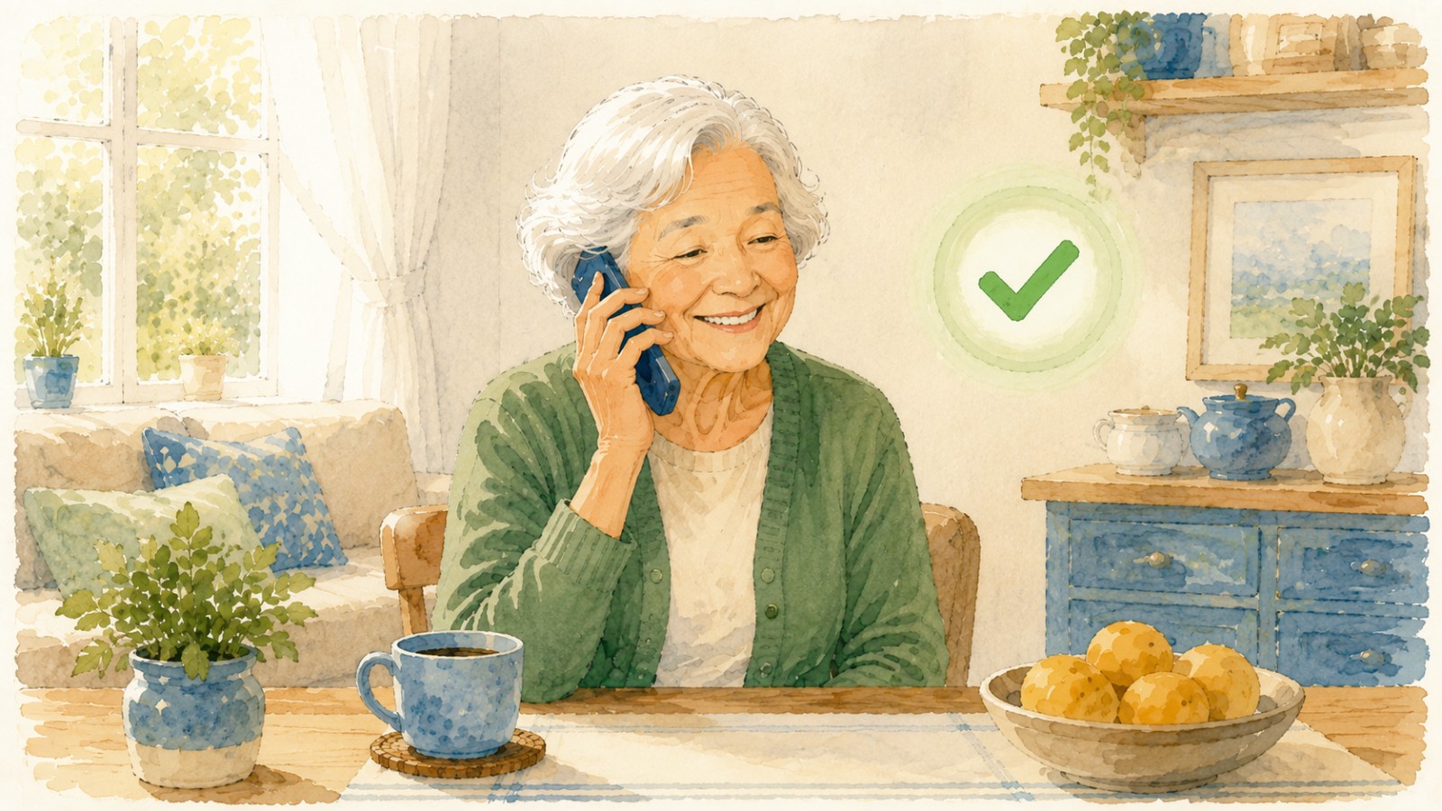 A relaxed older woman at home smiling on the phone with a friendly helper and a soft green check