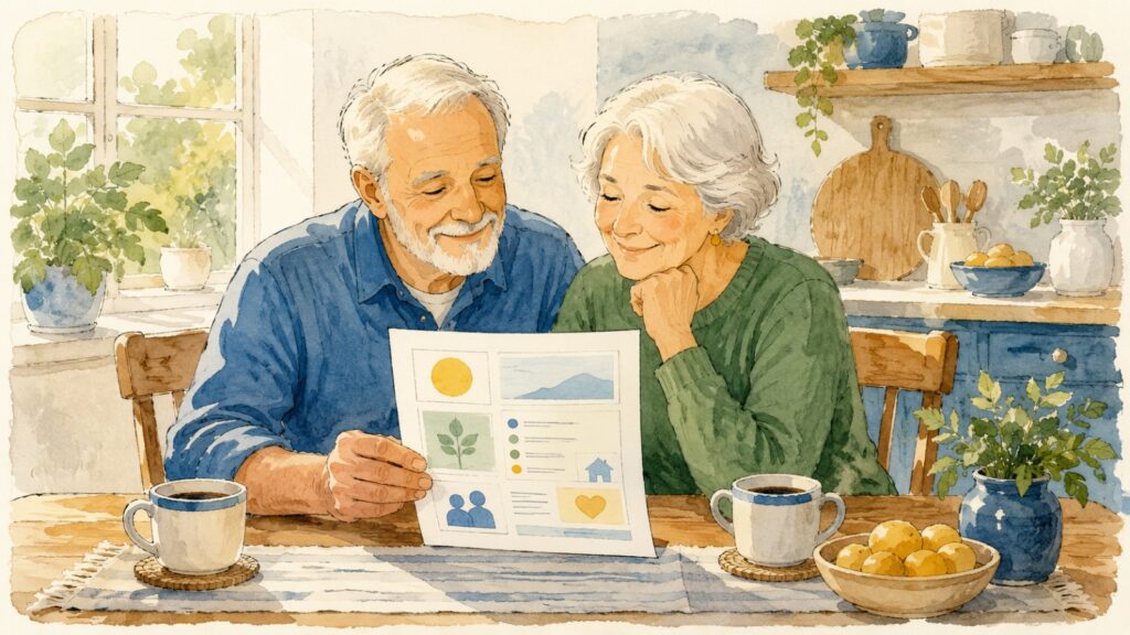 A warm older couple at a sunny kitchen table smiling as they review a simple one page plan summary