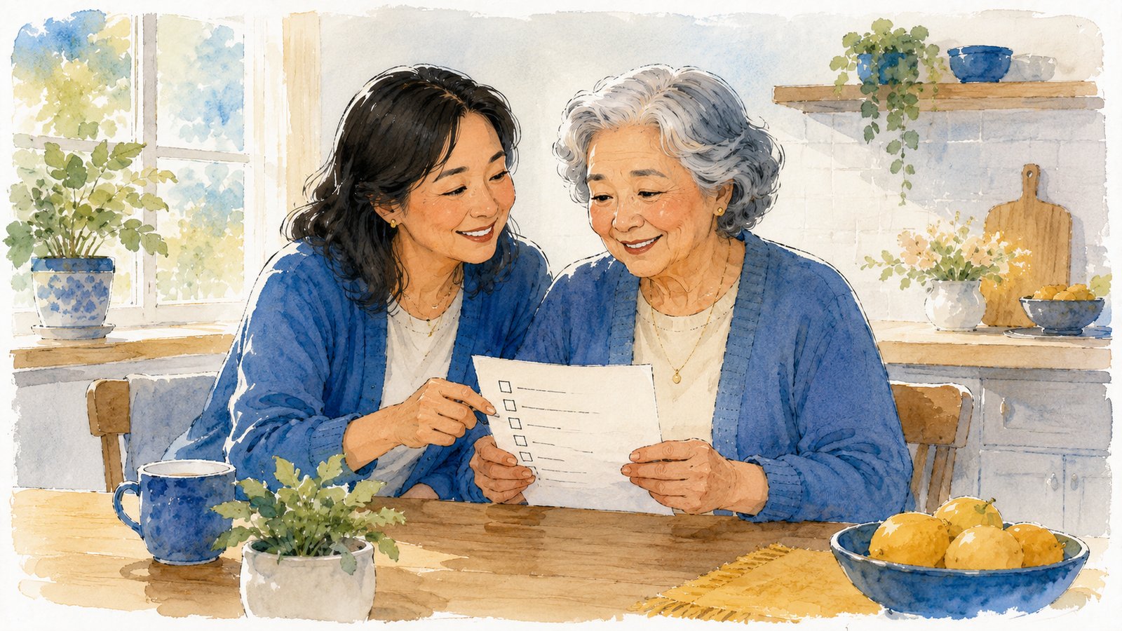 An adult daughter sitting beside her older parent at a kitchen table looking over a simple checklist together
