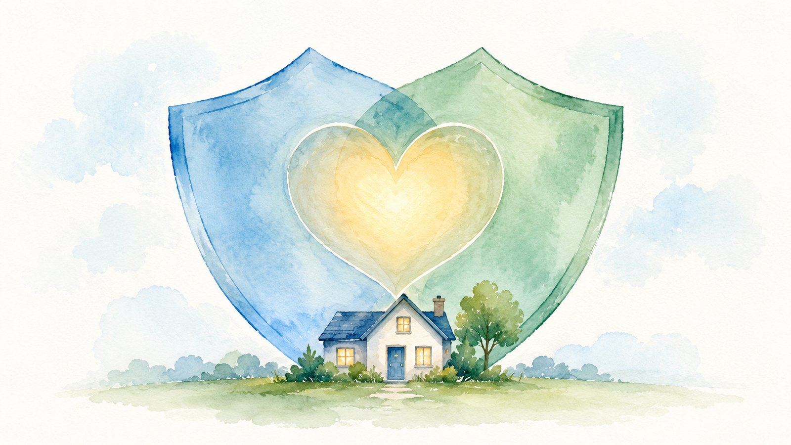 Two soft shields blending into a warm heart above a cozy home