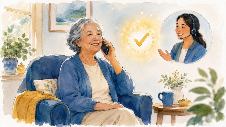 An older woman relaxing at home on the phone with a warm helper and a soft checkmark nearby
