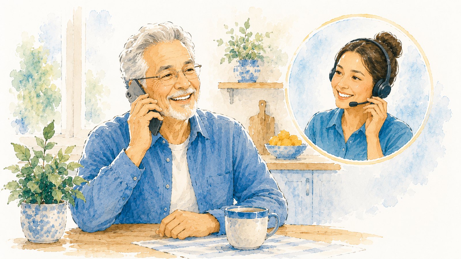 A cheerful older man on the phone with a friendly headset helper, relaxed at his kitchen table in warm light