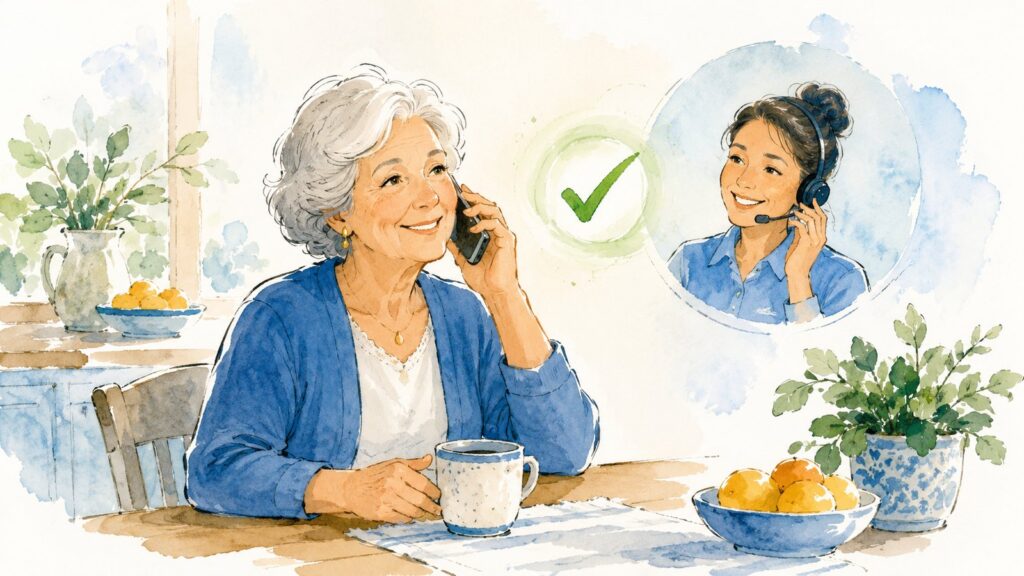 A calm older woman at a sunny kitchen table talking on the phone with a friendly helper, a soft green checkmark nearby