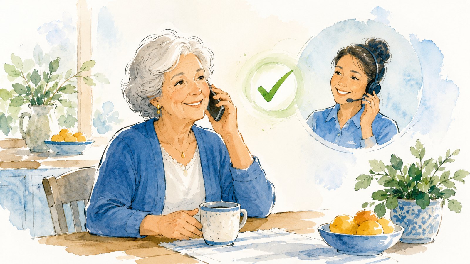 A calm older woman at a sunny kitchen table talking on the phone with a friendly helper, a soft green checkmark nearby, reassured