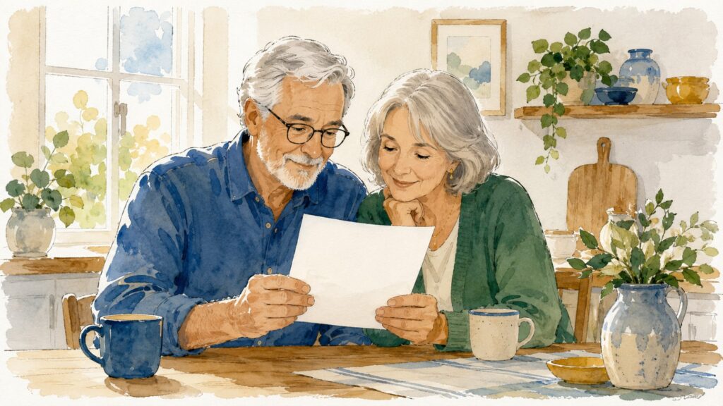 An older couple at a sunny kitchen table reading a single page of mail together with coffee mugs