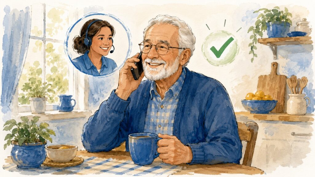 A cheerful older man at his kitchen table on the phone with a friendly helper and a soft green checkmark