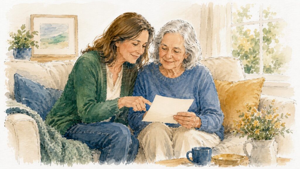 An adult daughter sitting beside her older mother on a couch reading a one page paper together