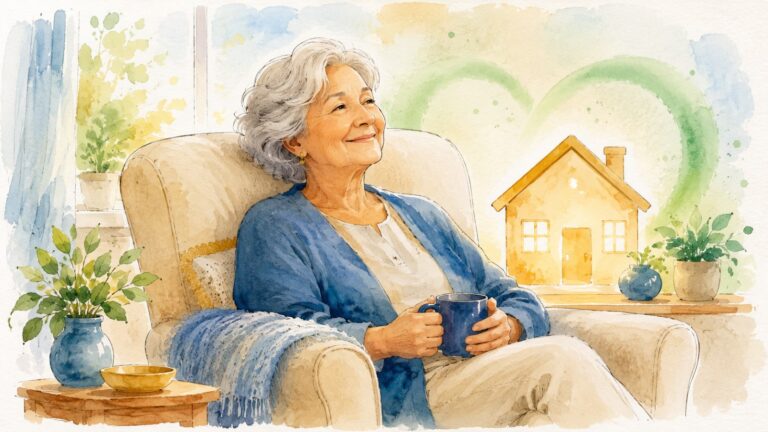 A relaxed older woman sitting in a sunny armchair at home with a warm glowing cottage beside her