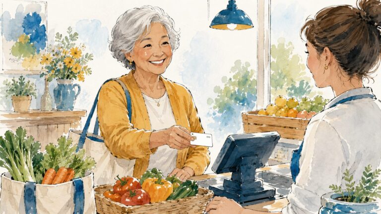 a cheerful older woman using a plain card at a grocery counter with fresh produce