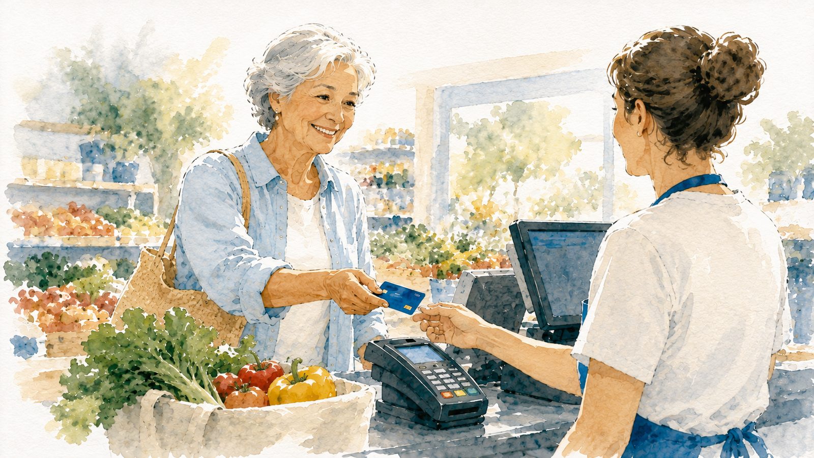 An older woman paying with a plain card at a friendly grocery store checkout
