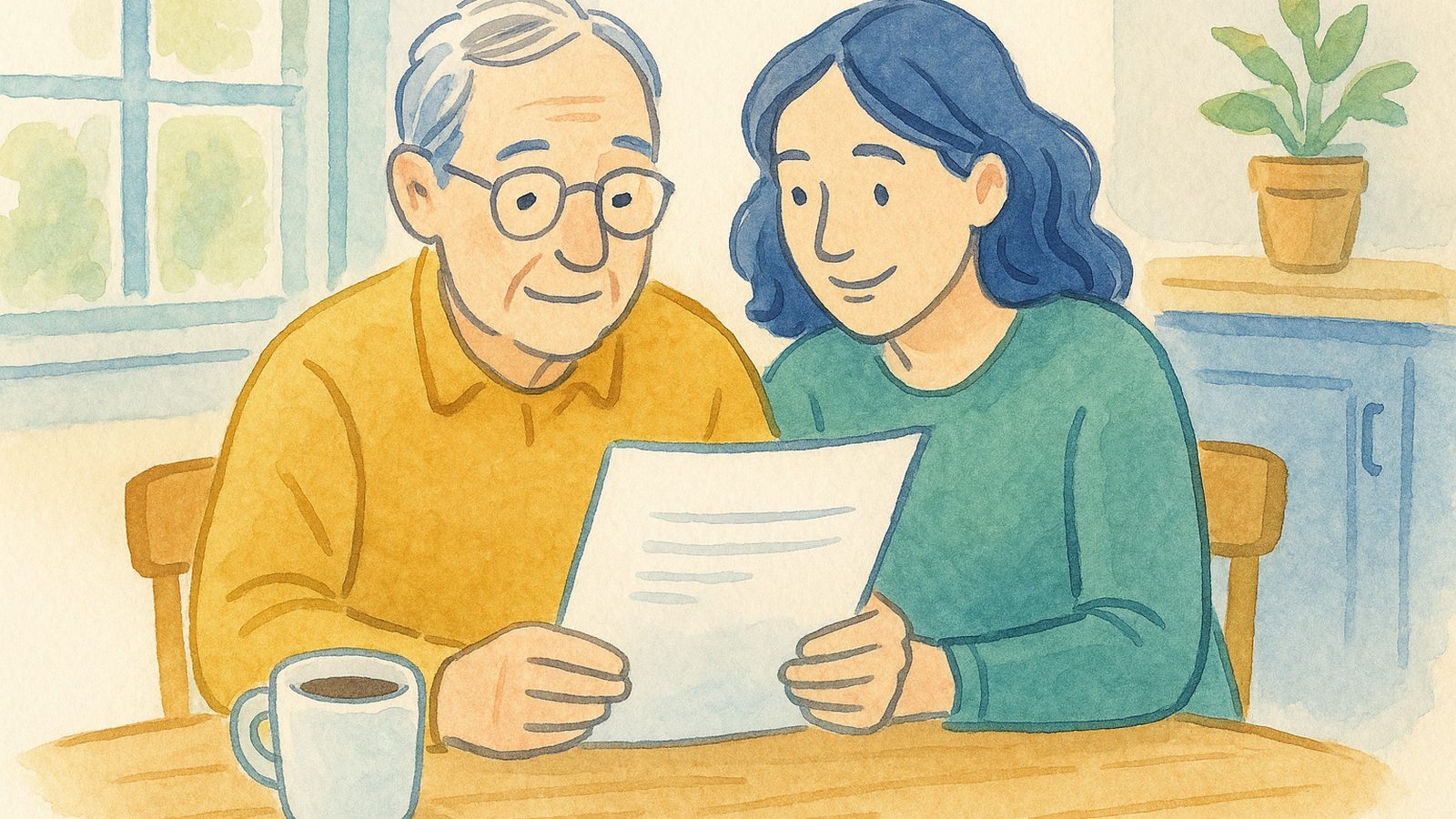 An adult daughter and her older parent reviewing a simple one page paper at a sunny kitchen table