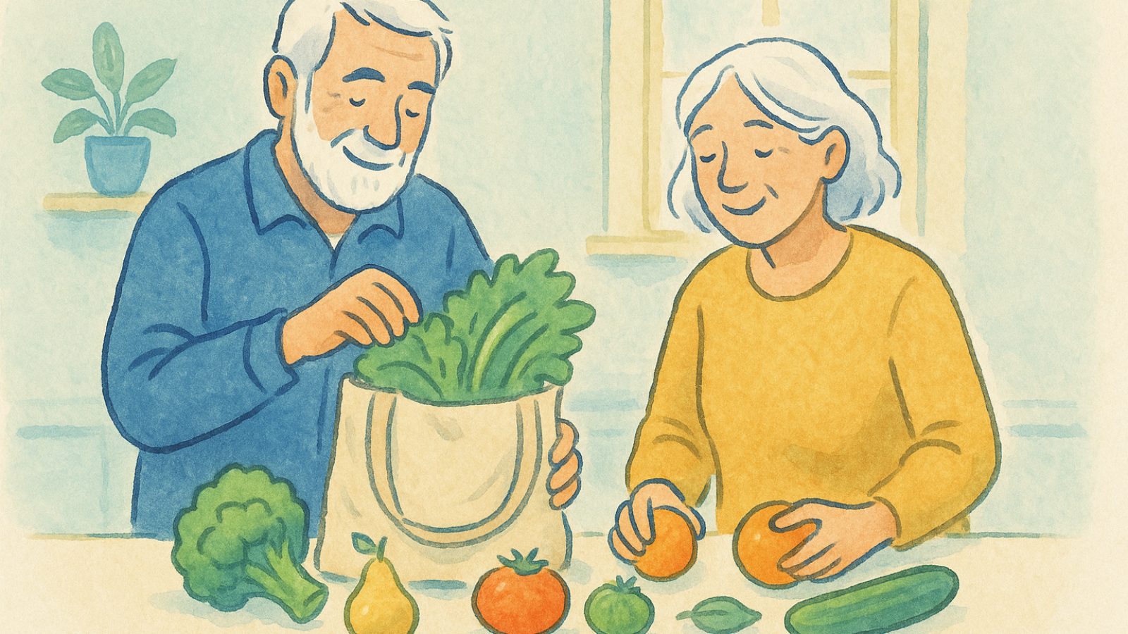 An older couple unpacking fresh groceries together in a warm bright kitchen