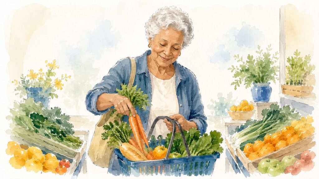 An older woman filling a grocery basket with fresh produce in soft daylight