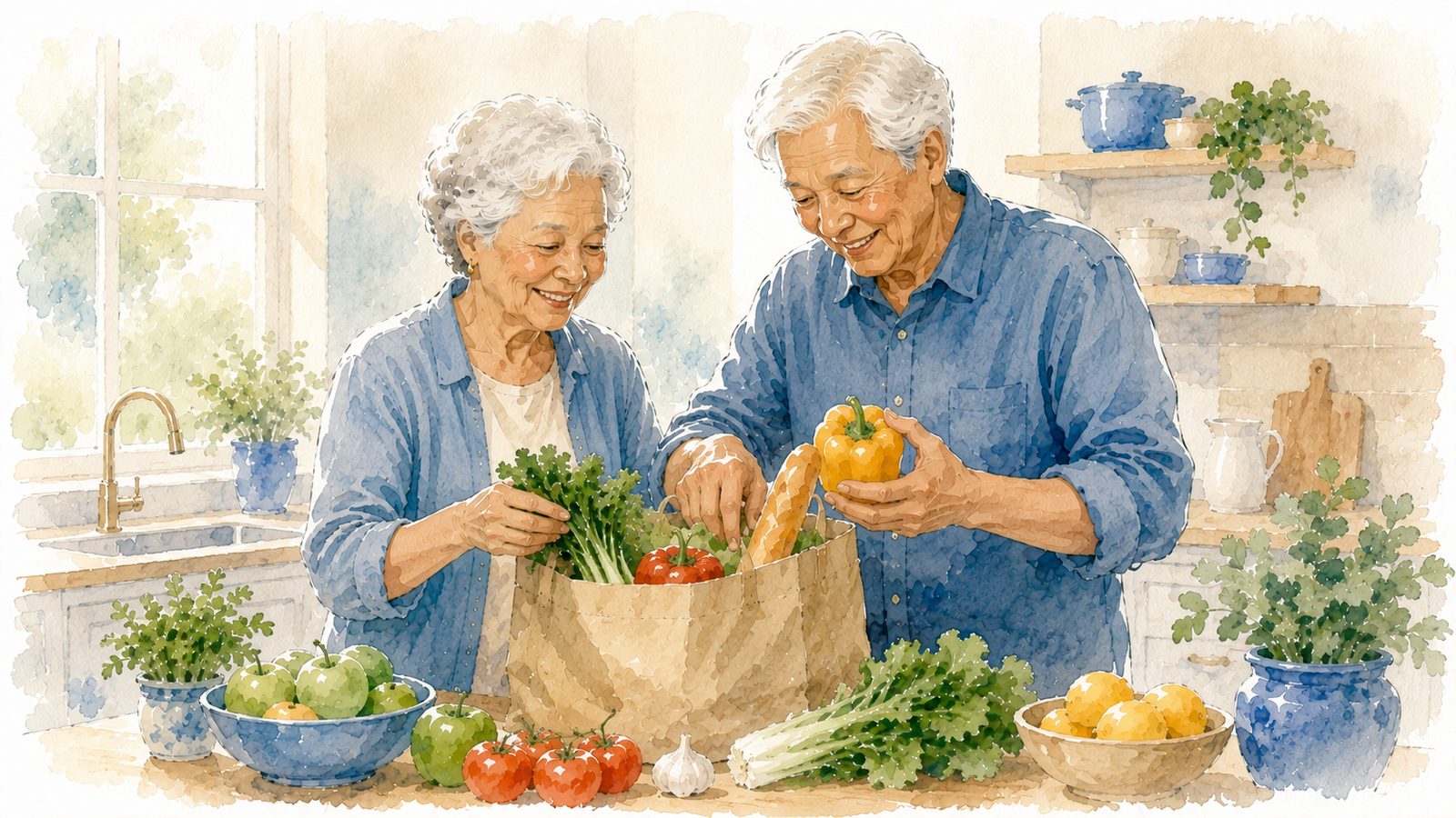 A happy older couple unpacking fresh groceries together in a warm bright kitchen
