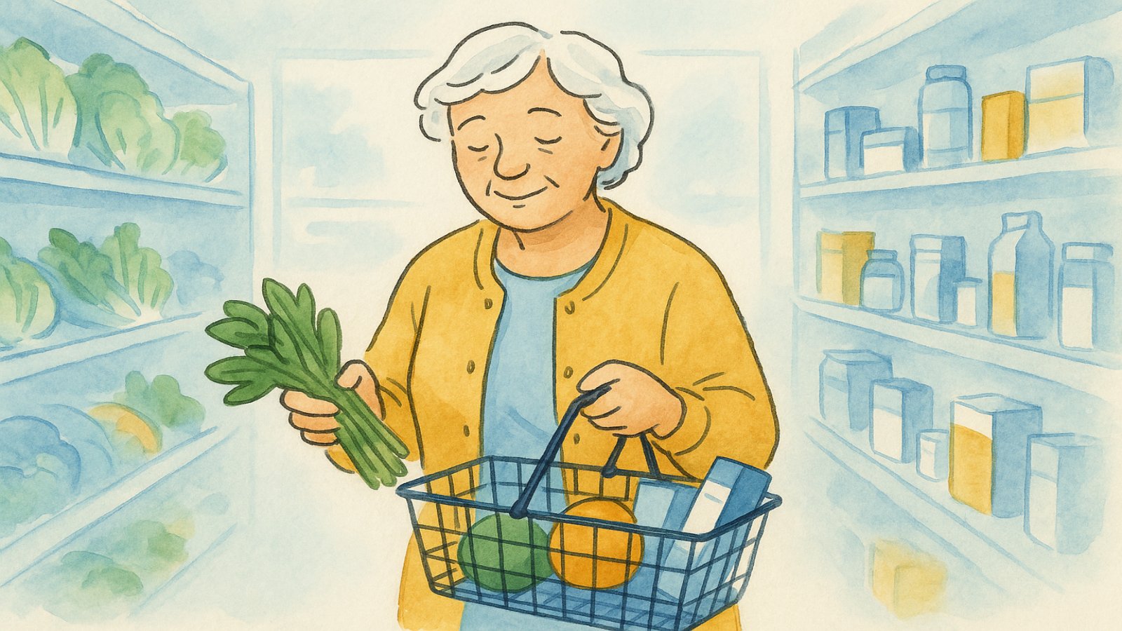 An older woman in a bright grocery aisle placing fresh produce and everyday health items into a basket