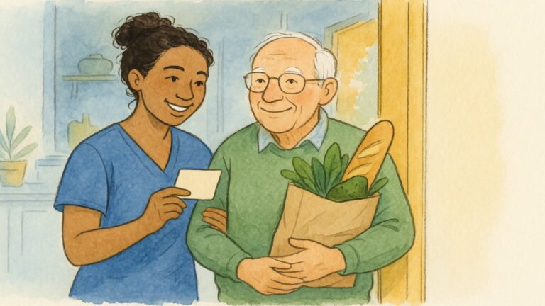 A caregiver and an older adult smiling together in a sunny kitchen doorway, holding a plain card and a bag of fresh groceries
