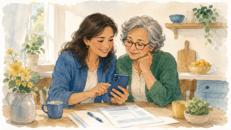 An adult daughter warmly helping her older parent on the phone to sign up for a plan at a sunny kitchen table