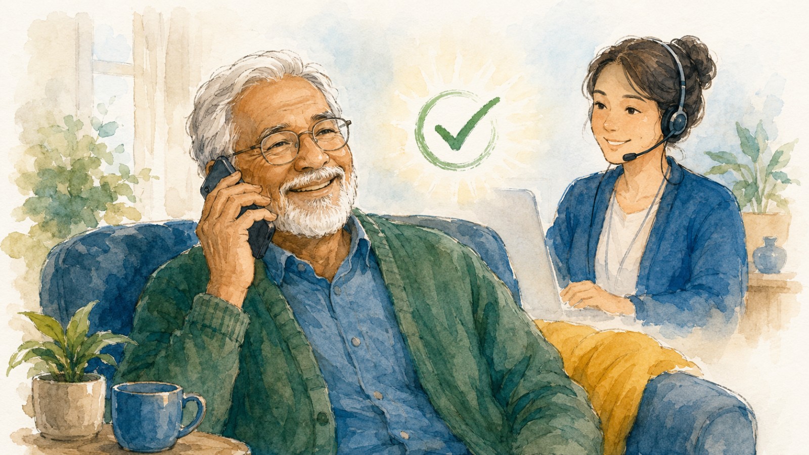 A cheerful older man at home on the phone with a friendly helper and a soft green checkmark