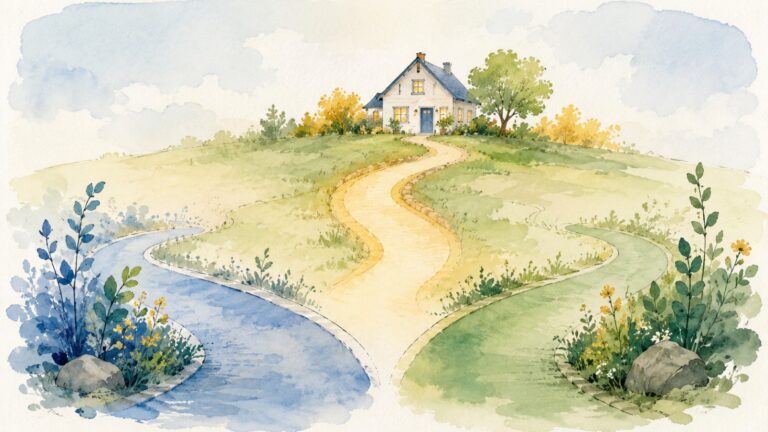 A blue path and a green path merging into one warm path leading to a cozy home