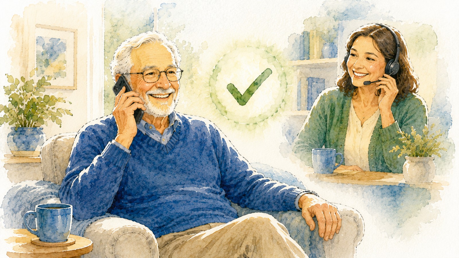 A cheerful older man on the phone with a friendly helper and a soft green checkmark
