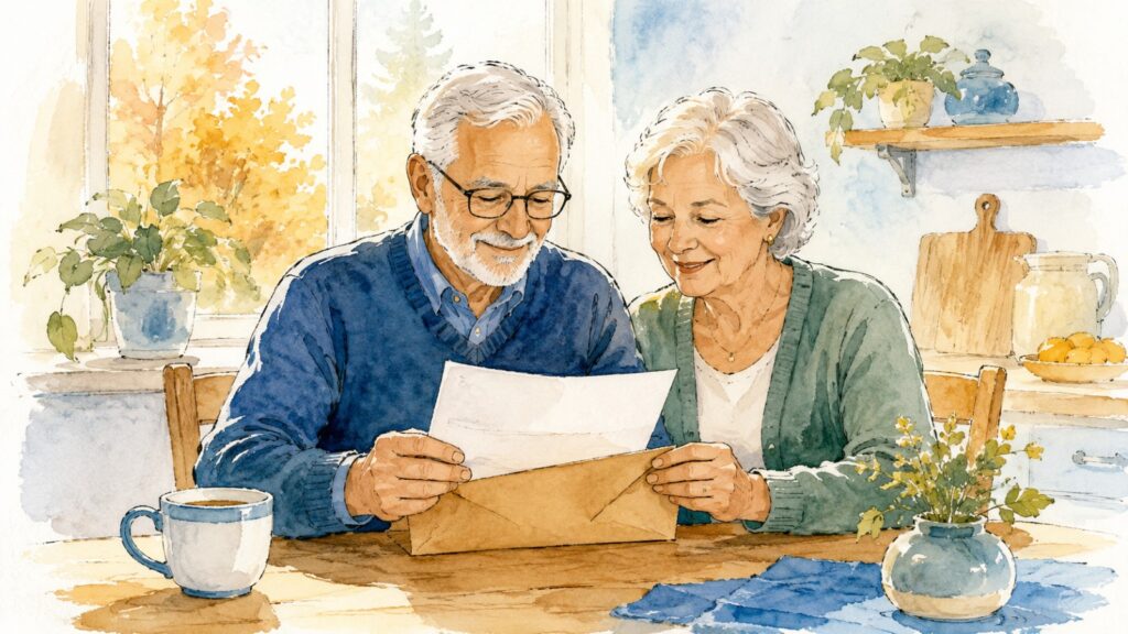 An older couple at a sunny kitchen table reading a letter together in warm autumn light