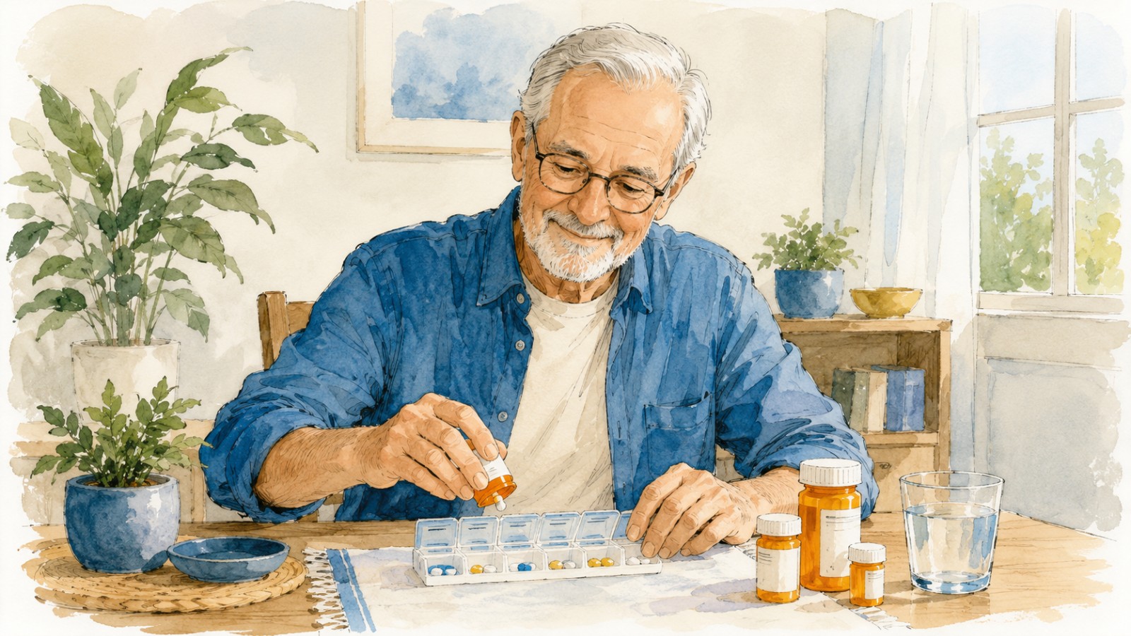An older man calmly sorting prescription bottles into a weekly pill organizer at home