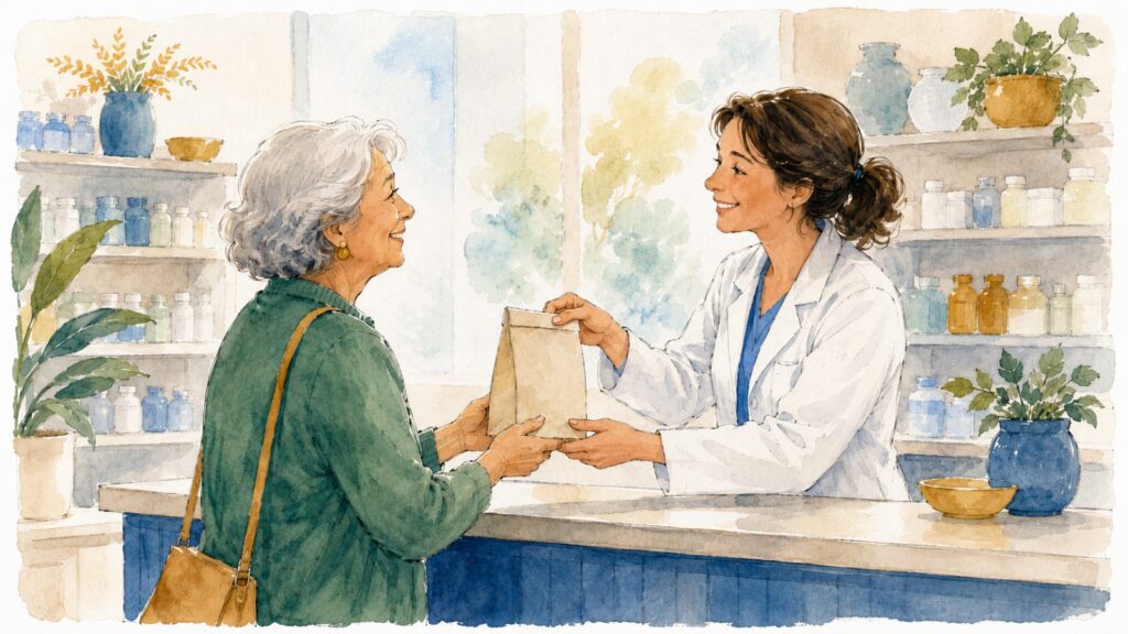 Watercolor illustration of a cheerful older woman receiving a prescription bag from a friendly pharmacist