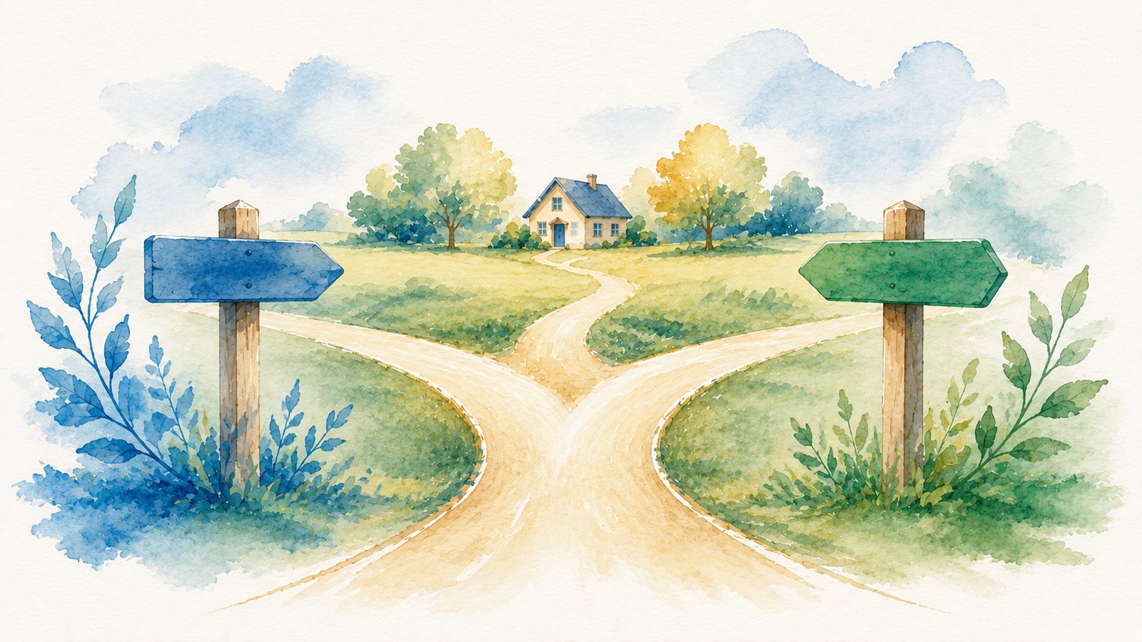 Two soft signposts merging into one warm path leading toward a cozy home
