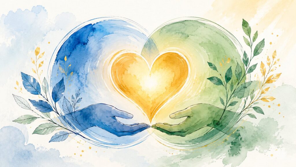 Watercolor of a blue circle and a green circle blending into a warm gold heart held by two gentle hands