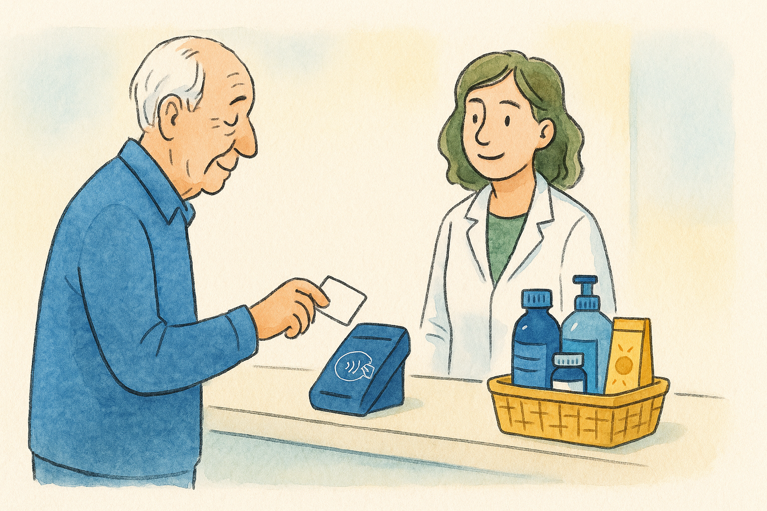 An older man tapping a plain card to pay for a basket of everyday health items at a friendly pharmacy counter