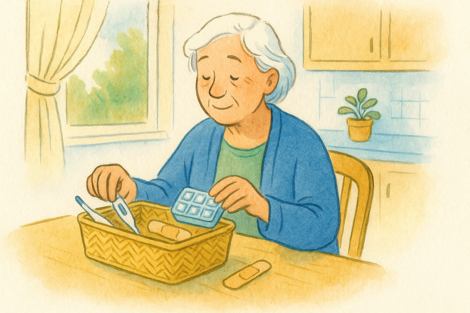 A senior at a sunny kitchen table sorting everyday health items like a thermometer and bandages into a basket