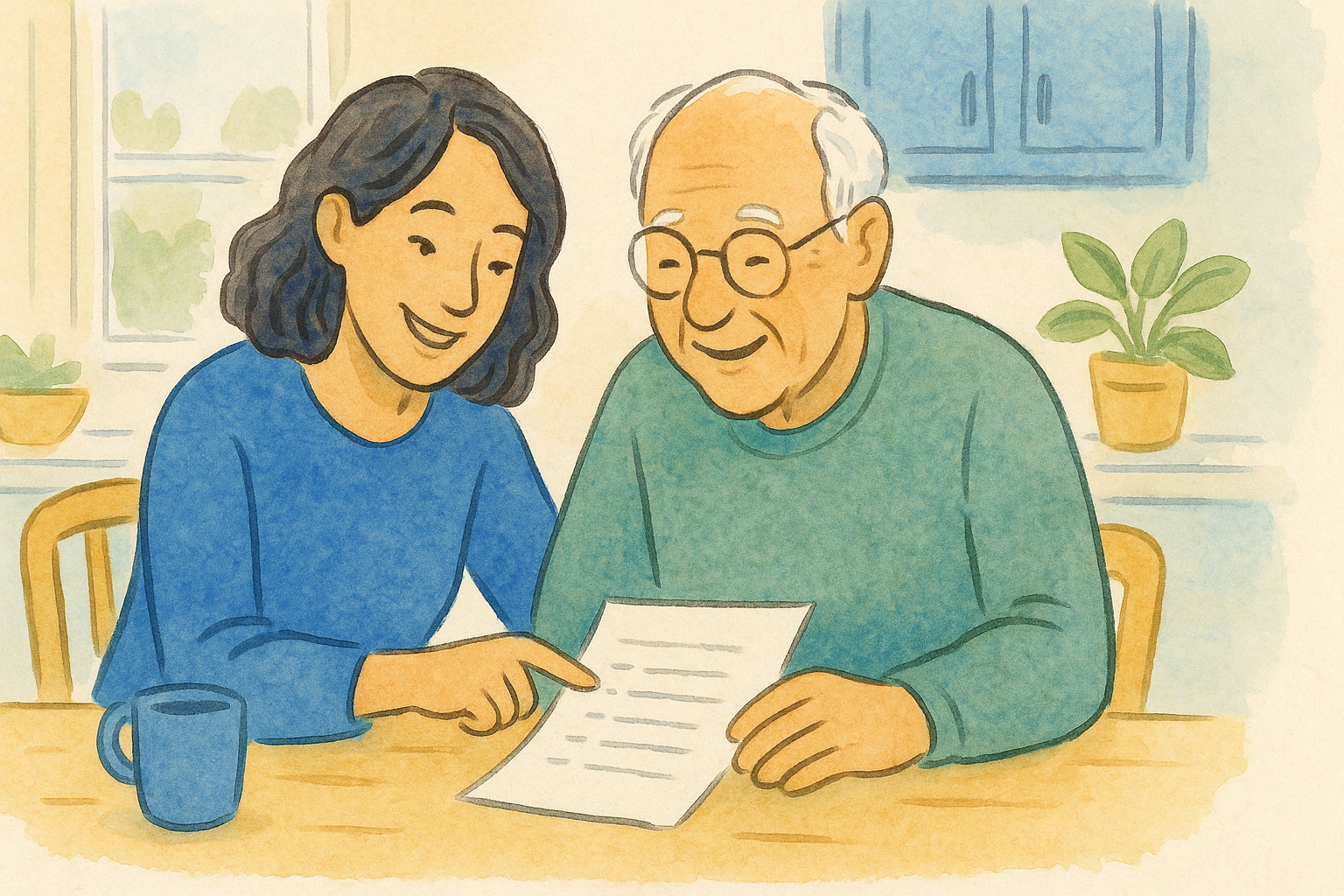 An adult daughter and her older parent smiling while reviewing a simple one page list at a bright kitchen table
