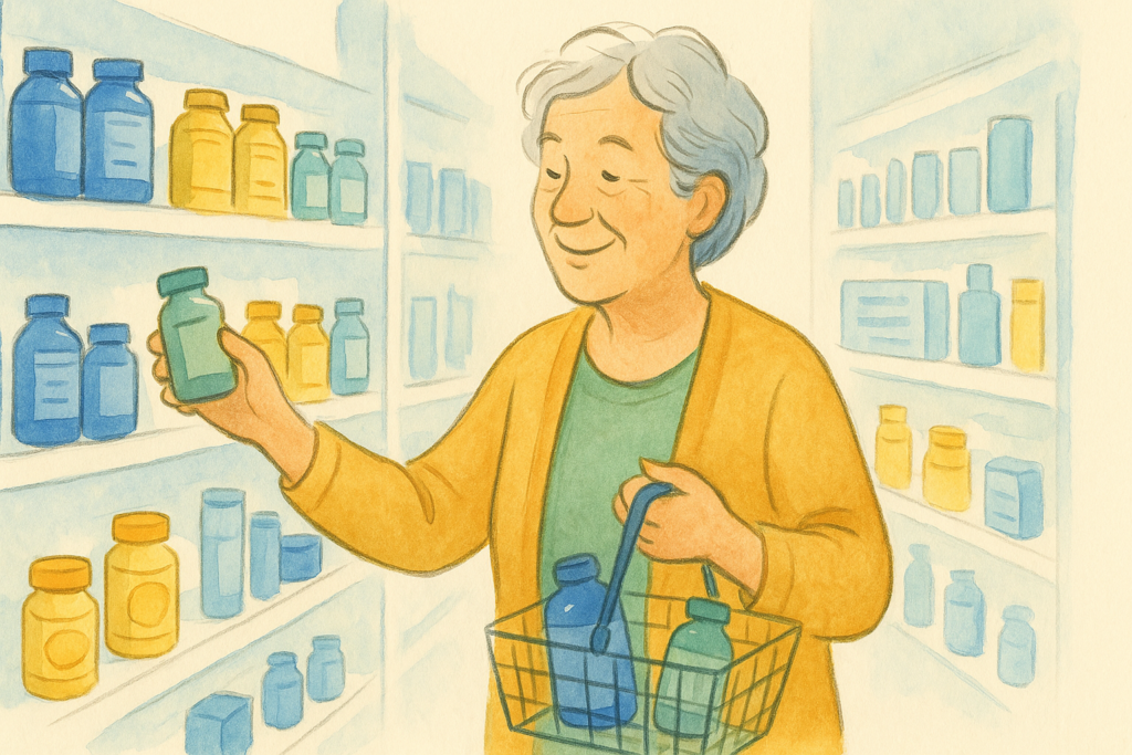 A smiling older woman in a bright pharmacy aisle picking vitamins and everyday health items into a small basket